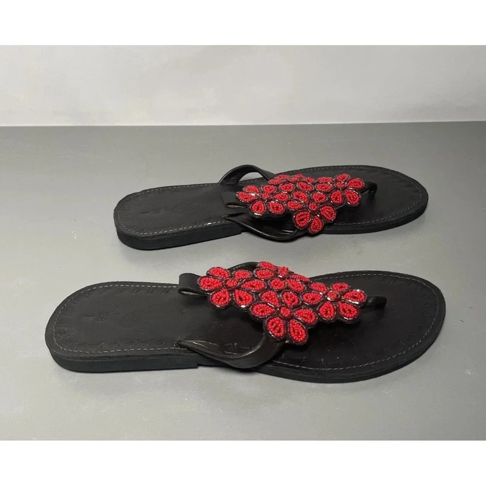 Women's Leather Beaded Flip Flops Sandals Size 7